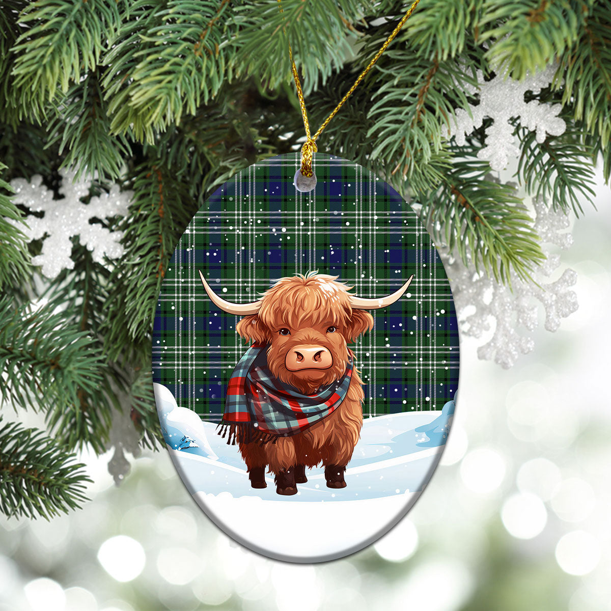 Blyth Tartan Christmas Ceramic Ornament - Highland Cows Snow Style