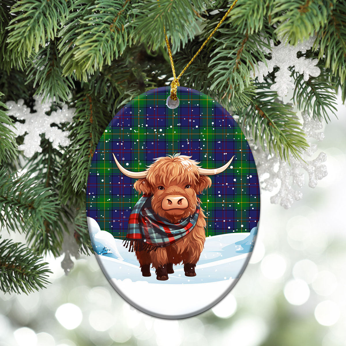 Boyle Tartan Christmas Ceramic Ornament - Highland Cows Snow Style