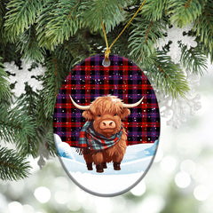 Broun Modern Tartan Christmas Ceramic Ornament - Highland Cows Snow Style