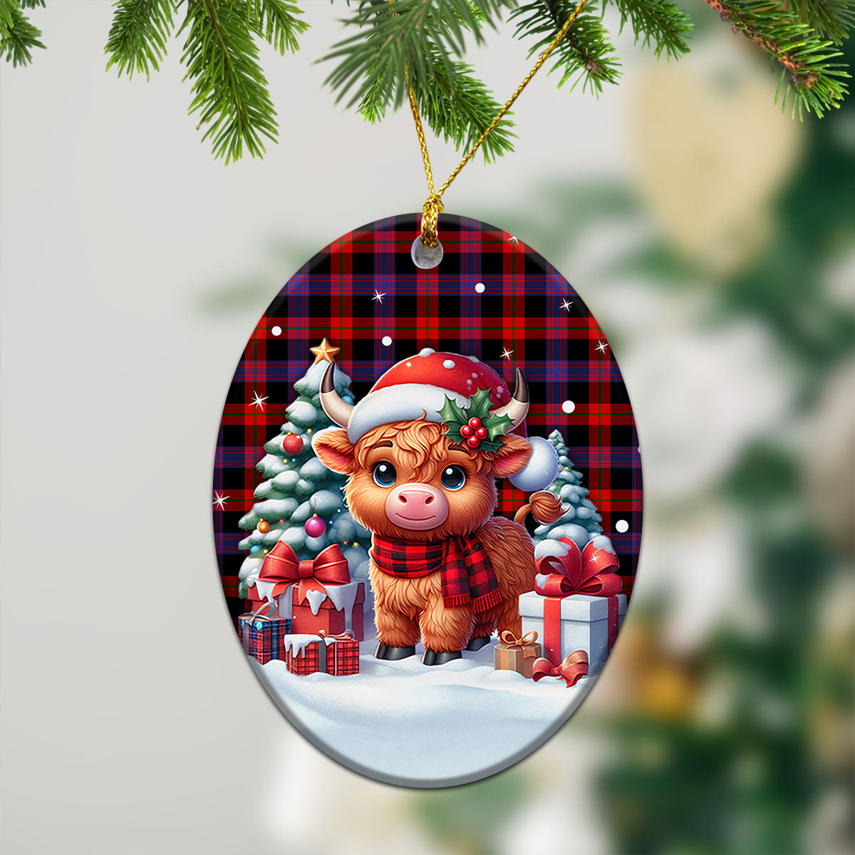 Brown Modern Tartan Christmas Ceramic Ornament - Highland Cow Winter Style