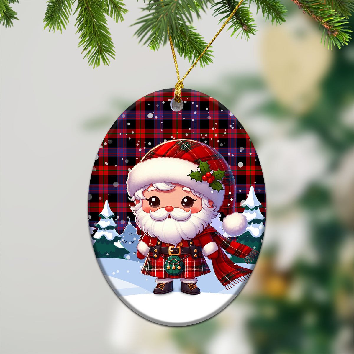 Brown Modern Tartan Christmas Ceramic Ornament - Santa Claus In Kilt Style