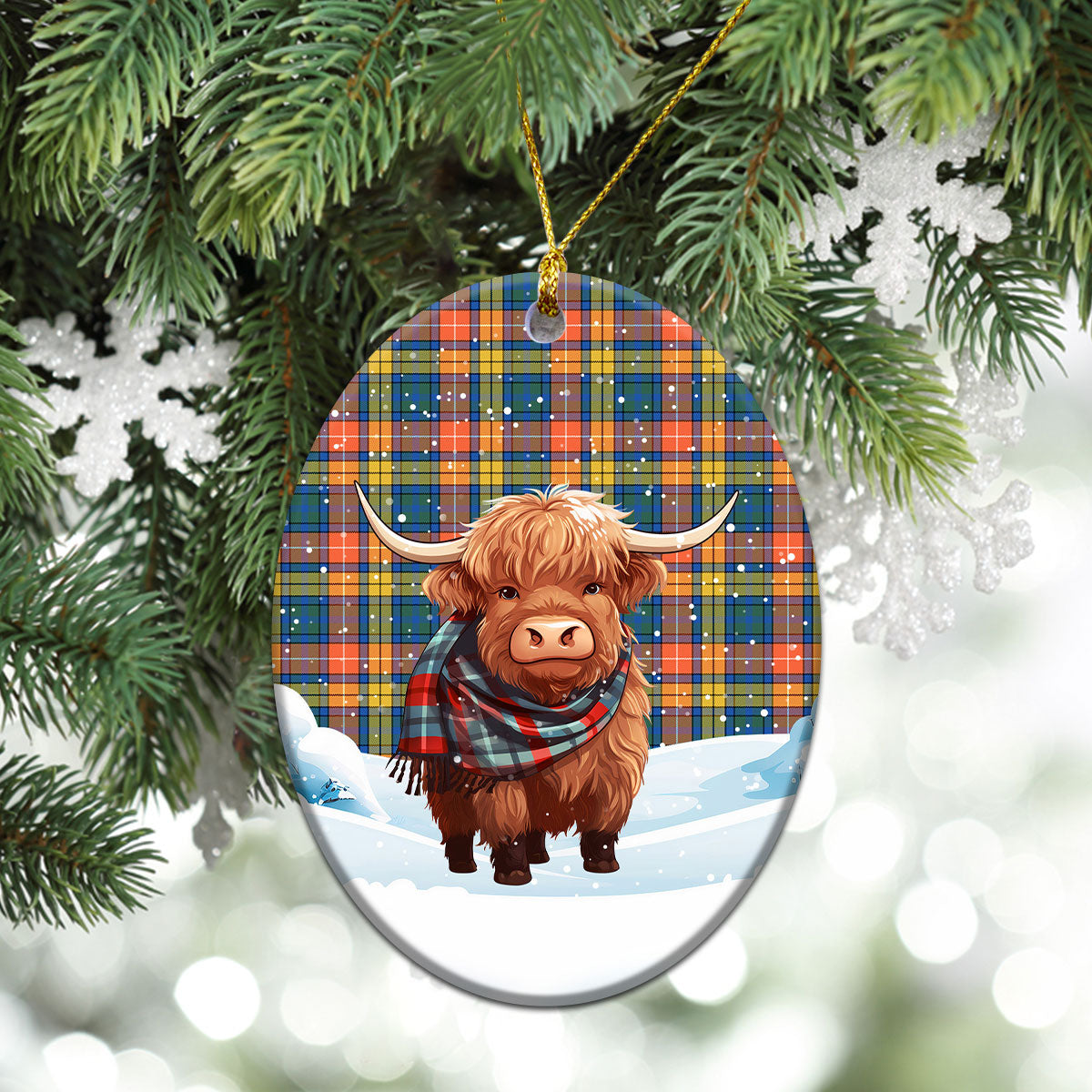 Buchanan Ancient Tartan Christmas Ceramic Ornament - Highland Cows Snow Style