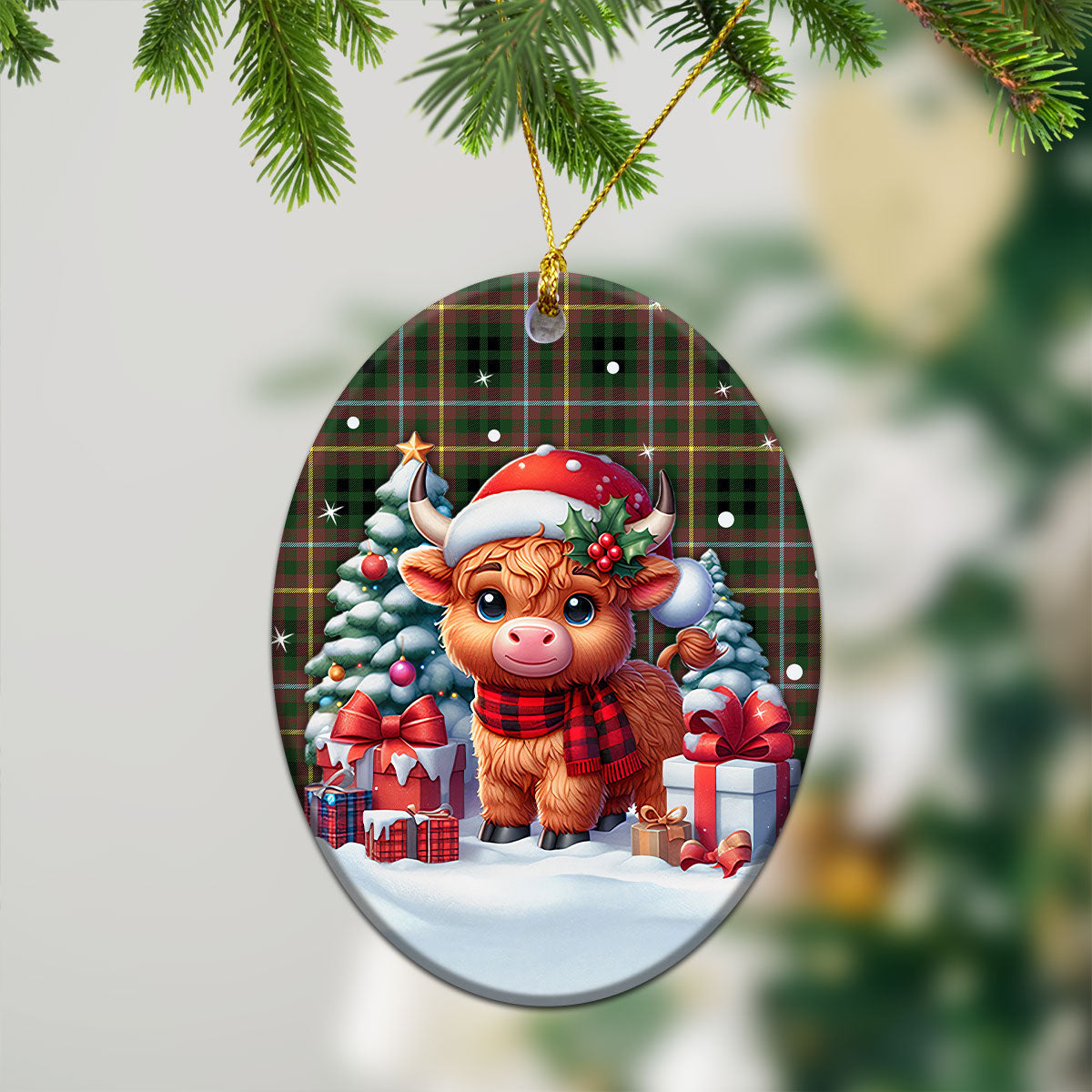 Buchanan Hunting Tartan Christmas Ceramic Ornament - Highland Cow Winter Style