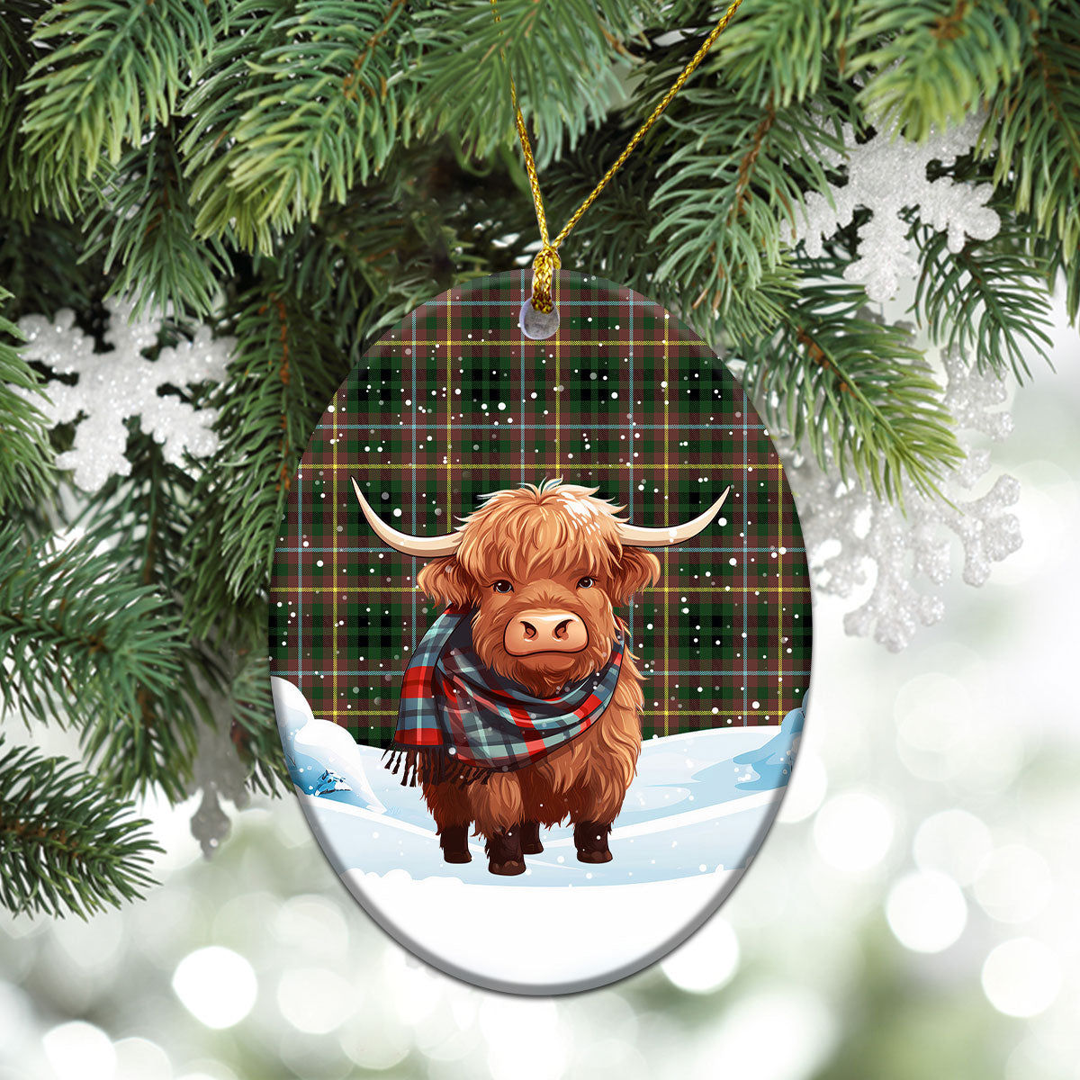 Buchanan Hunting Tartan Christmas Ceramic Ornament - Highland Cows Snow Style