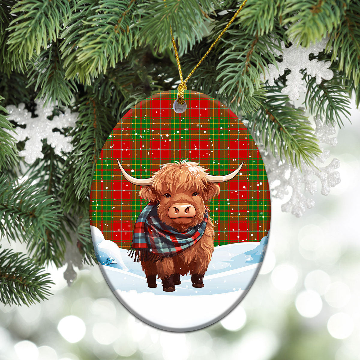 Burnett Ancient Tartan Christmas Ceramic Ornament - Highland Cows Snow Style