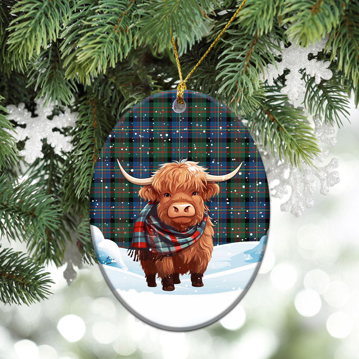 Cameron of Erracht Ancient Tartan Christmas Ceramic Ornament - Highland Cows Snow Style