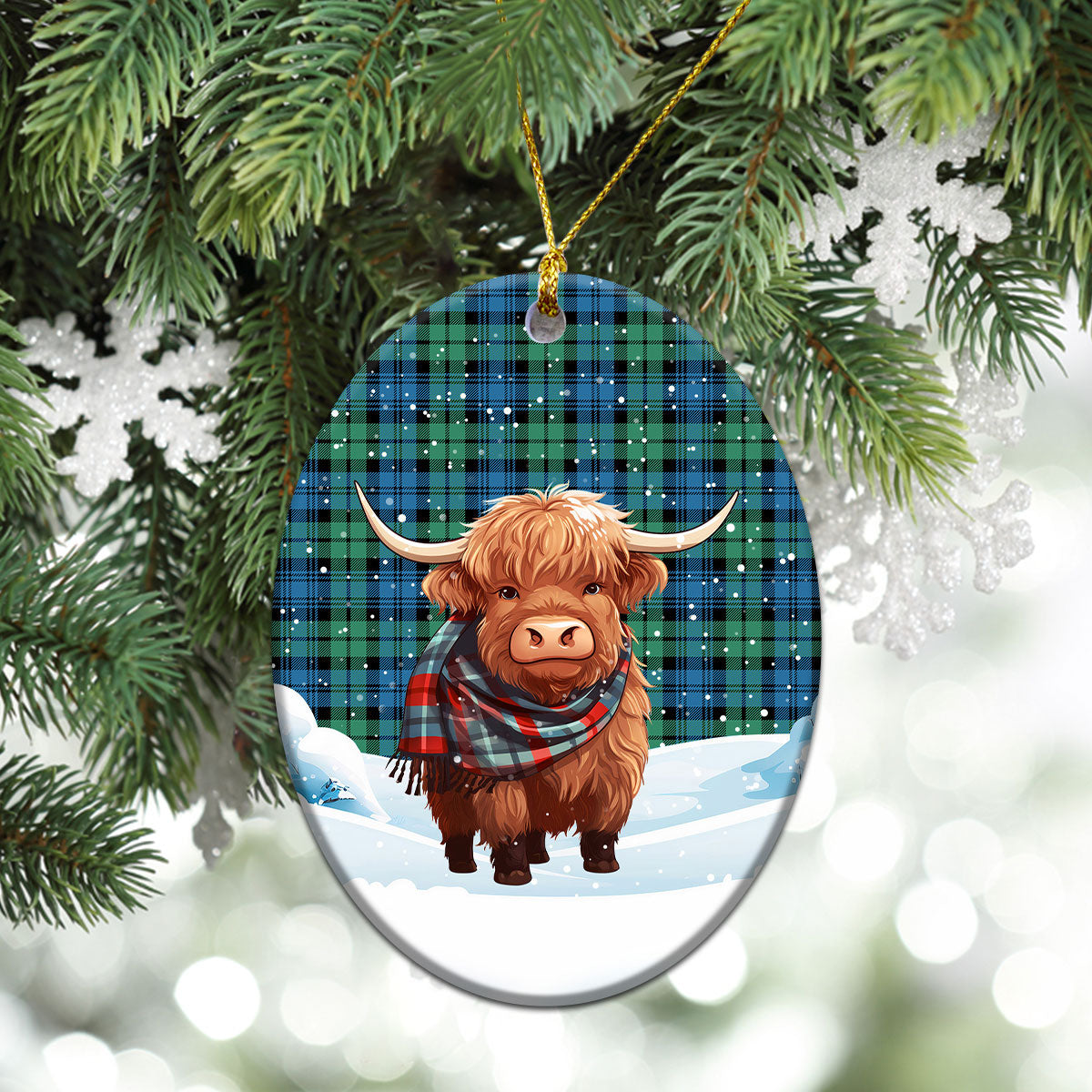 Campbell Ancient 01 Tartan Christmas Ceramic Ornament - Highland Cows Snow Style