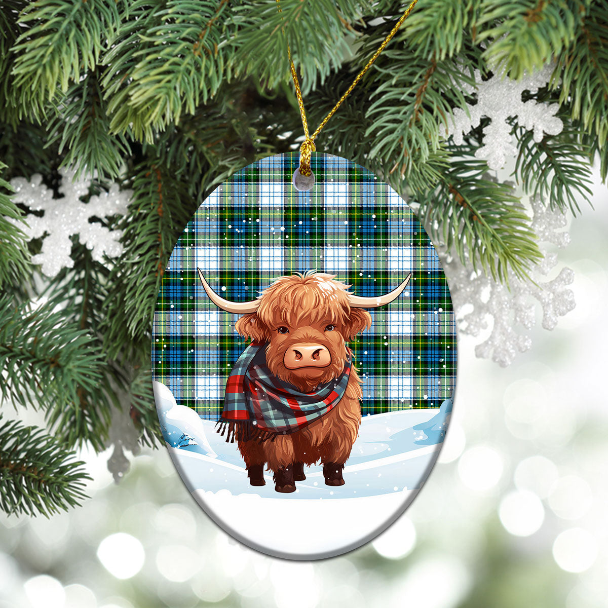 Campbell Dress Tartan Christmas Ceramic Ornament - Highland Cows Snow Style