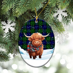 Campbell Modern Tartan Christmas Ceramic Ornament - Highland Cows Snow Style