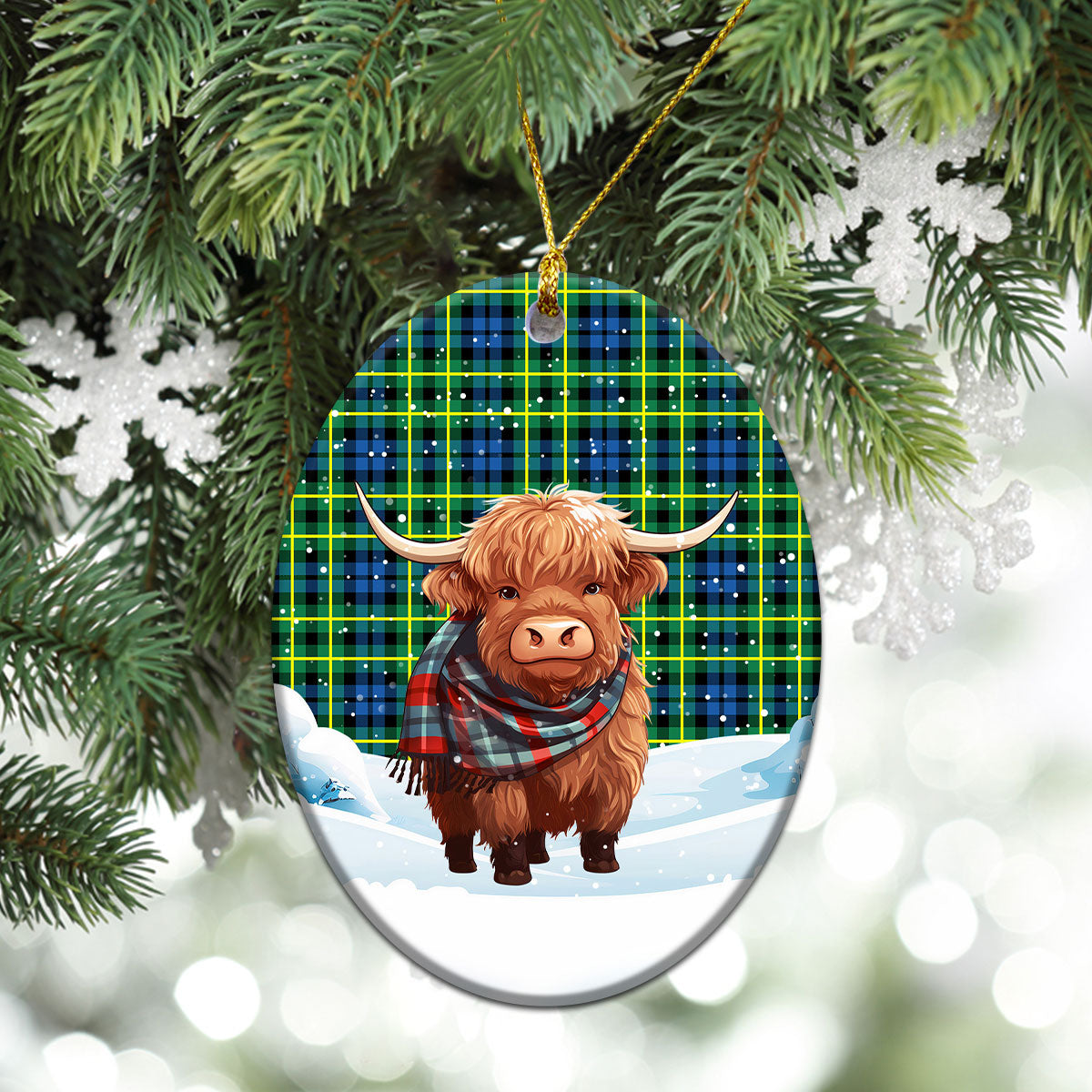 Campbell of Breadalbane Ancient Tartan Christmas Ceramic Ornament - Highland Cows Snow Style