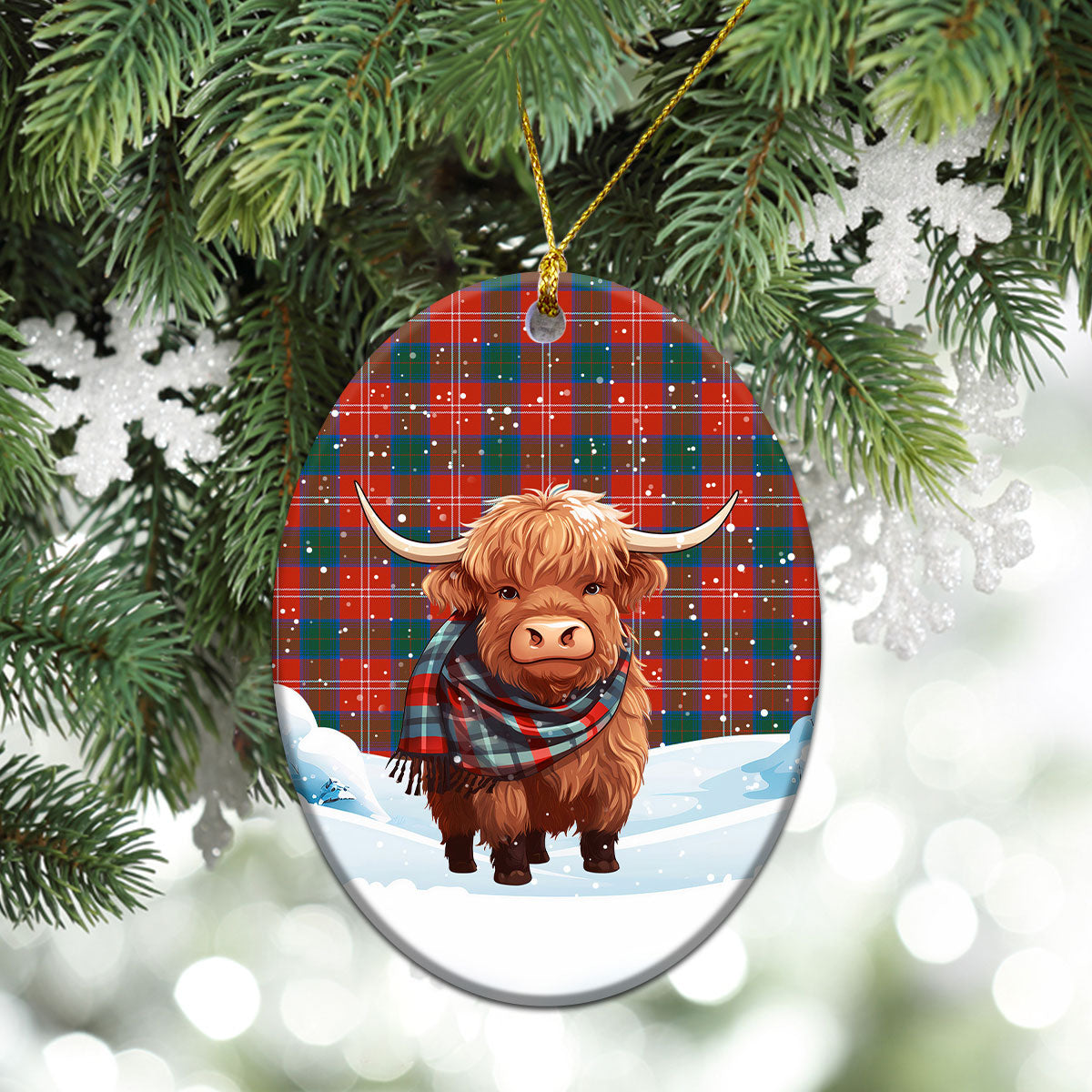 Chisholm Ancient Tartan Christmas Ceramic Ornament - Highland Cows Snow Style