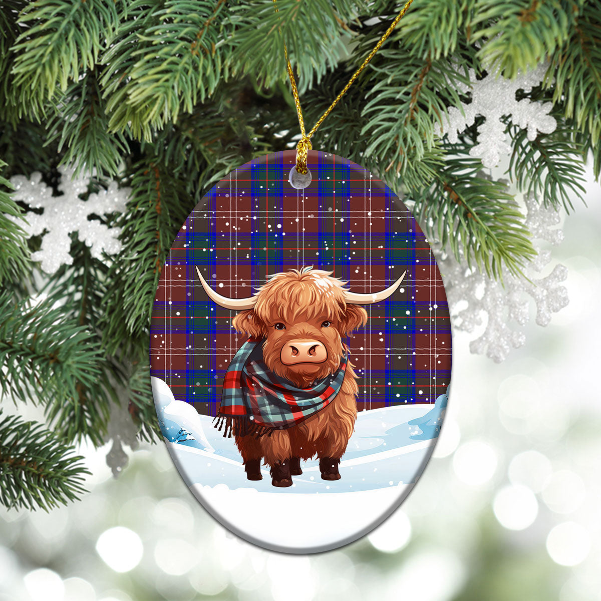 Chisholm Hunting Modern Tartan Christmas Ceramic Ornament - Highland Cows Snow Style