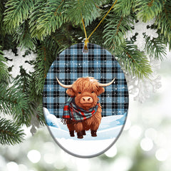 Clark Ancient Tartan Christmas Ceramic Ornament - Highland Cows Snow Style