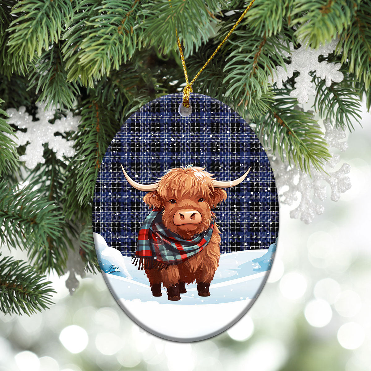 Clark Modern Tartan Christmas Ceramic Ornament - Highland Cows Snow Style