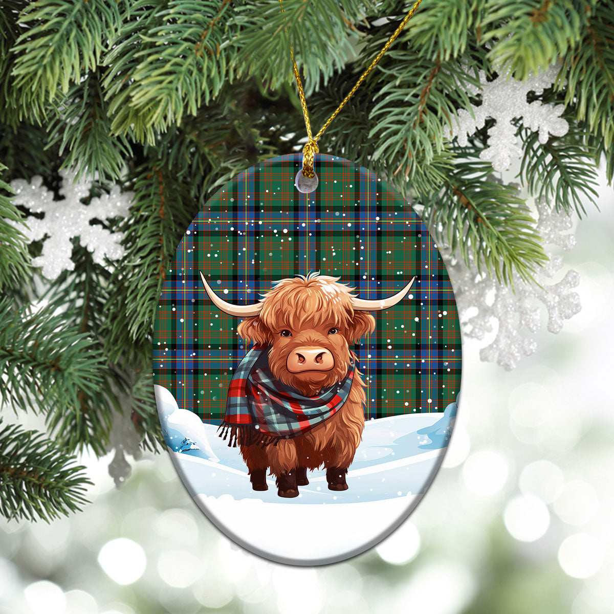 Cochrane Ancient Tartan Christmas Ceramic Ornament - Highland Cows Snow Style