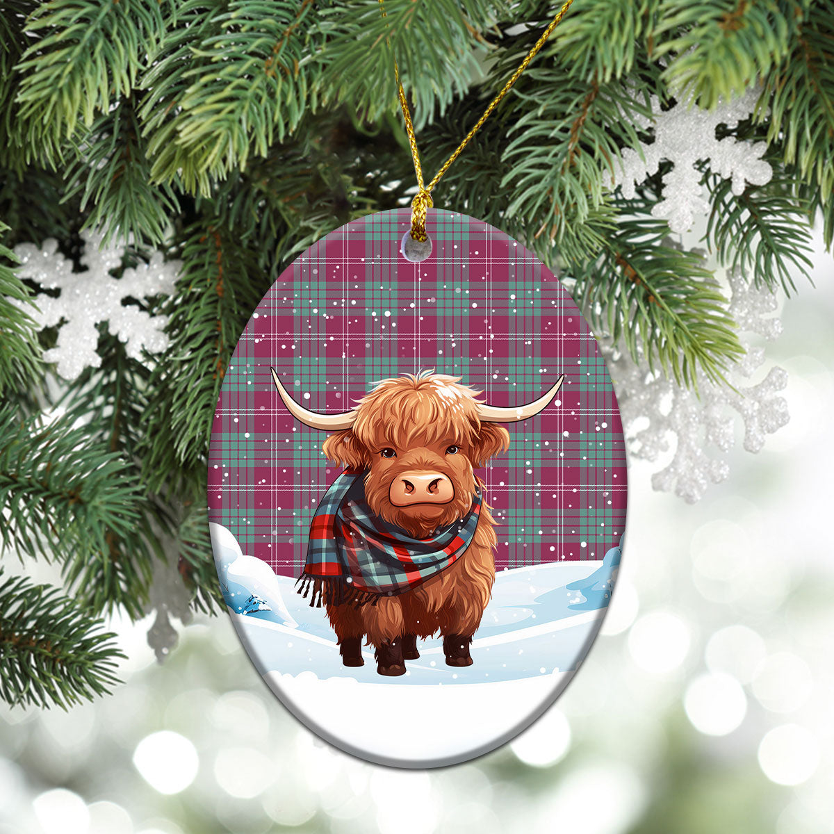 Crawford Ancient Tartan Christmas Ceramic Ornament - Highland Cows Snow Style