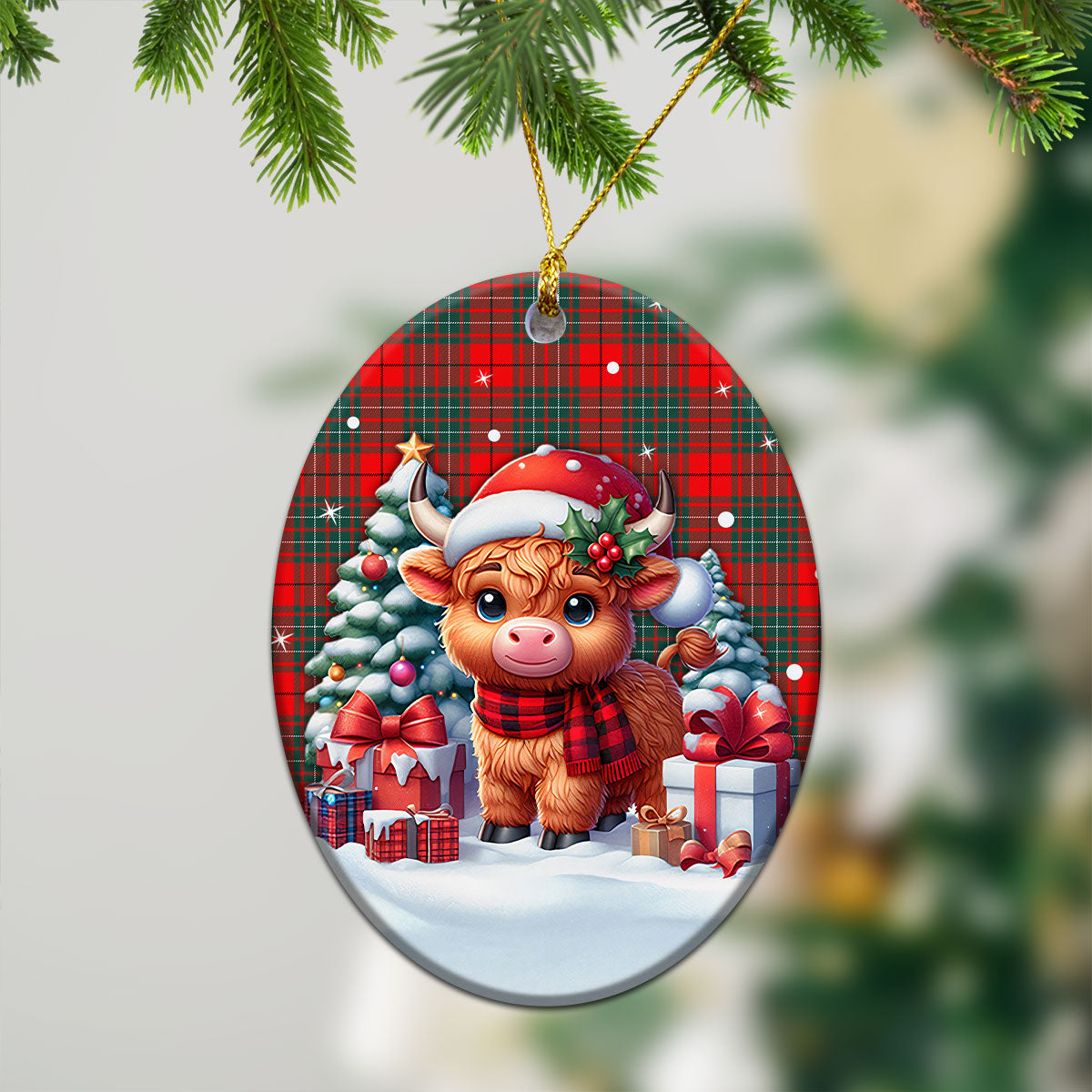 Cumming Modern Tartan Christmas Ceramic Ornament - Highland Cow Winter Style