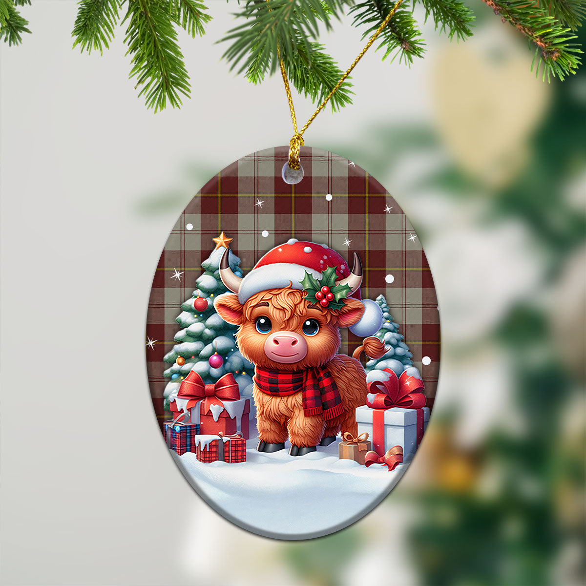 Cunningham Burgundy Dancers Tartan Christmas Ceramic Ornament - Highland Cow Winter Style