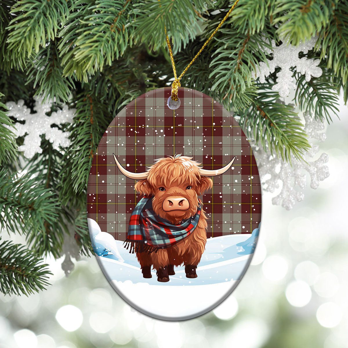 Cunningham Burgundy Dancers Tartan Christmas Ceramic Ornament - Highland Cows Snow Style