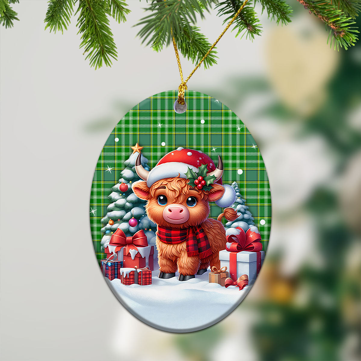 Currie Tartan Christmas Ceramic Ornament - Highland Cow Winter Style