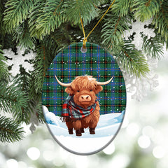 Davidson Ancient Tartan Christmas Ceramic Ornament - Highland Cows Snow Style