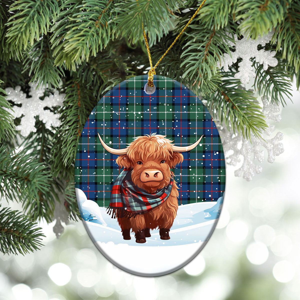 Davidson of Tulloch Tartan Christmas Ceramic Ornament - Highland Cows Snow Style