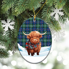 Davidson of Tulloch Tartan Christmas Ceramic Ornament - Highland Cows Snow Style