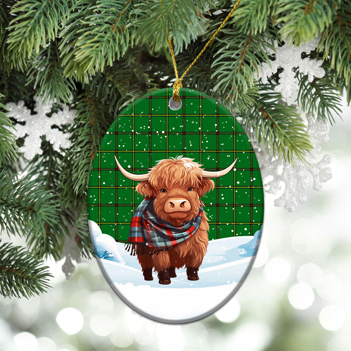 Don Tartan Christmas Ceramic Ornament - Highland Cows Snow Style