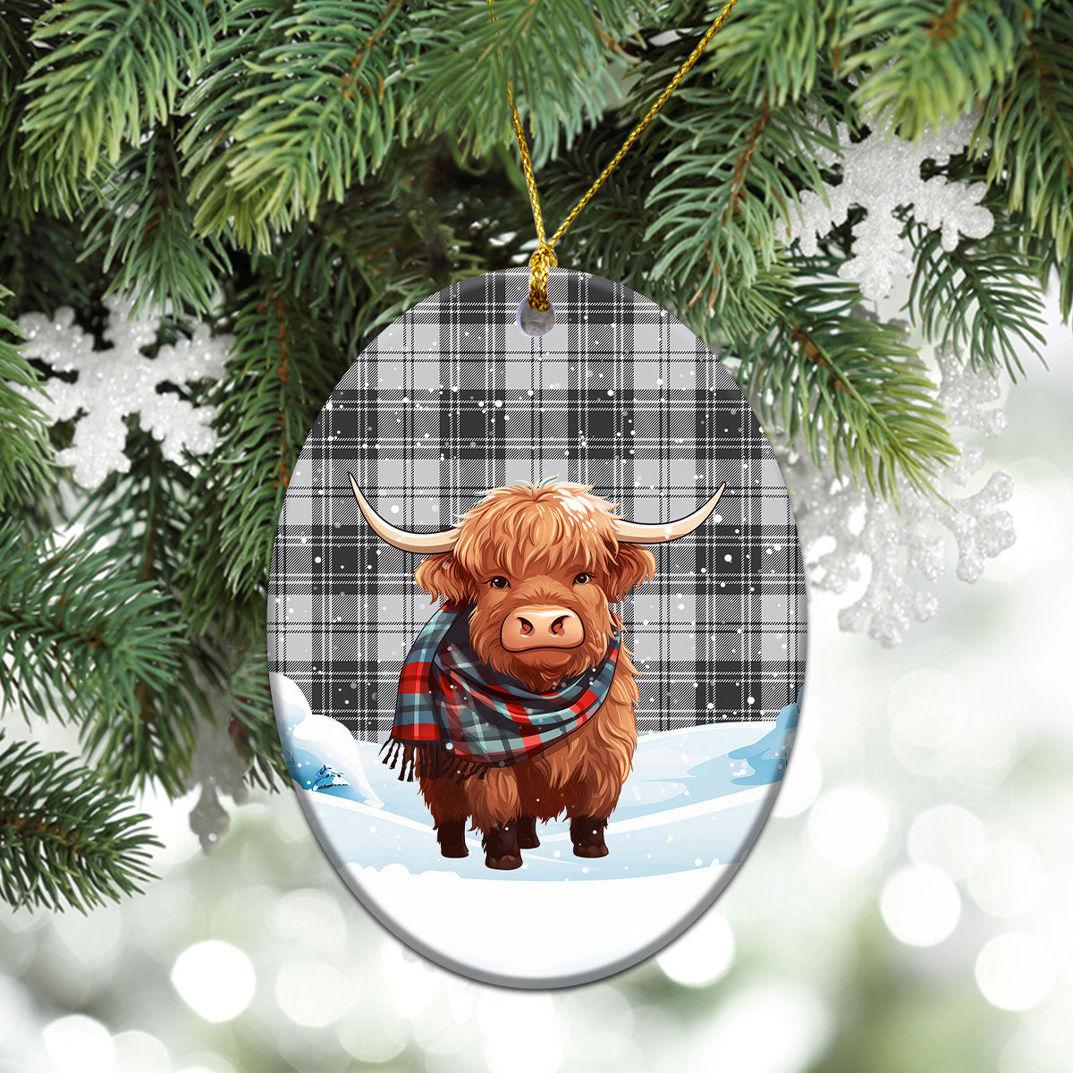 Douglas Grey Modern Tartan Christmas Ceramic Ornament - Highland Cows Snow Style