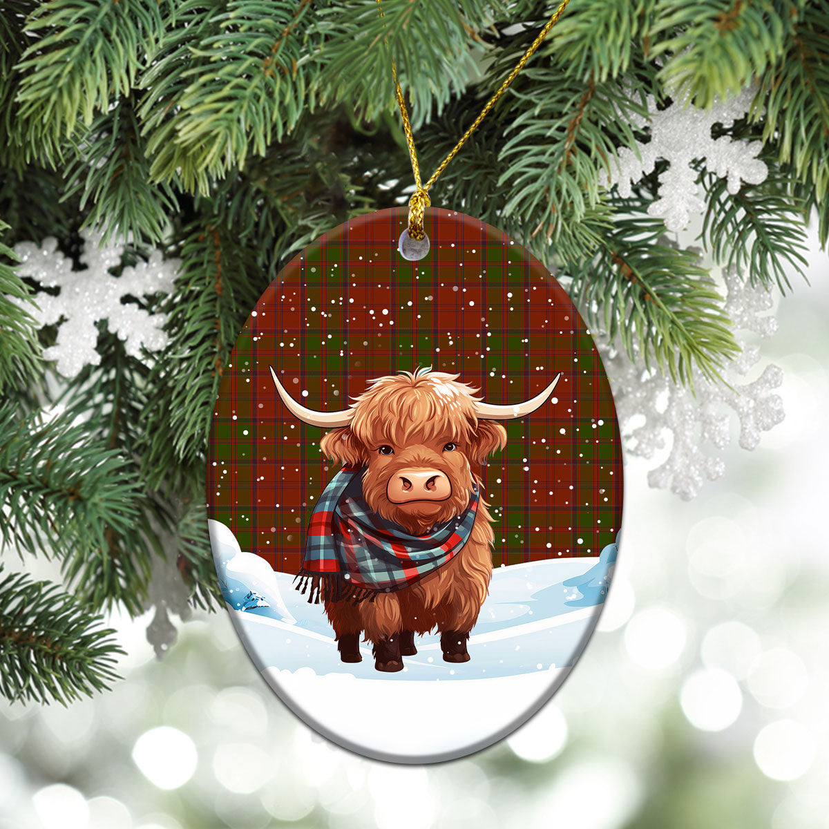 Drummond Clan Tartan Christmas Ceramic Ornament - Highland Cows Snow Style