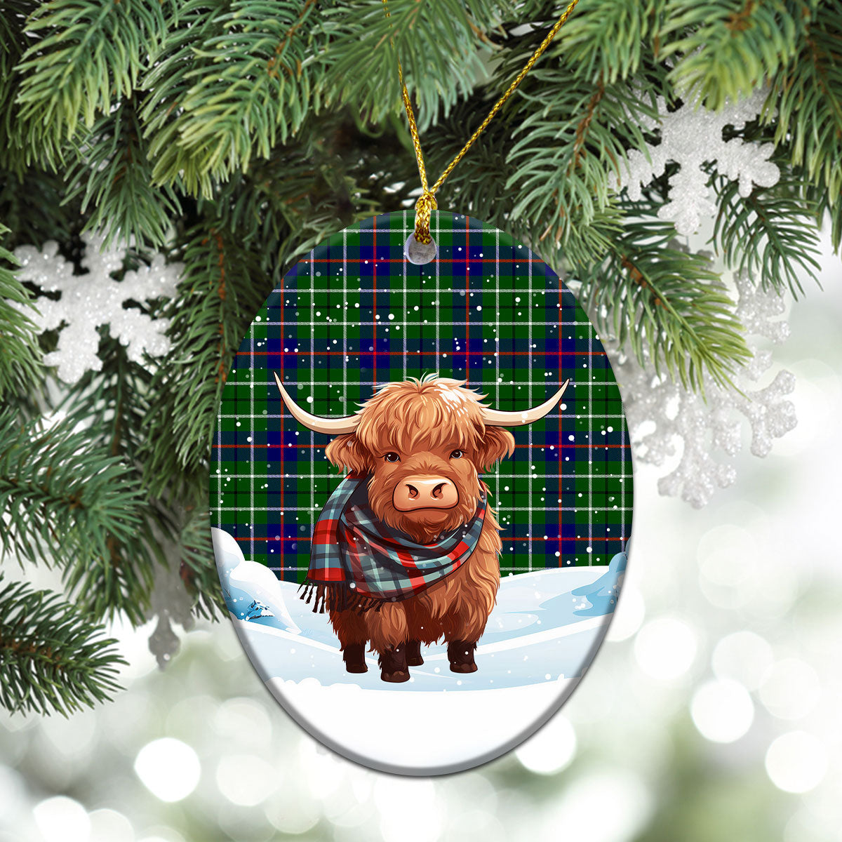 Duncan Modern Tartan Christmas Ceramic Ornament - Highland Cows Snow Style