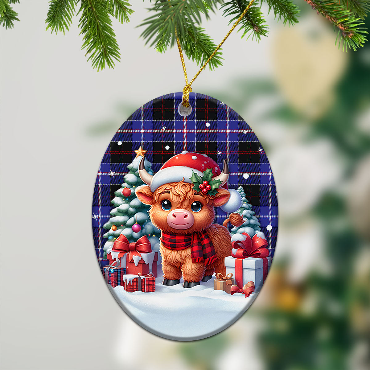 Dunlop Modern Tartan Christmas Ceramic Ornament - Highland Cow Winter Style