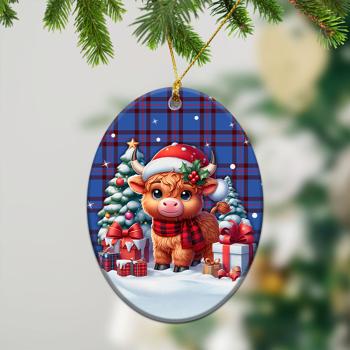 Elliot Modern Tartan Christmas Ceramic Ornament - Highland Cow Winter Style