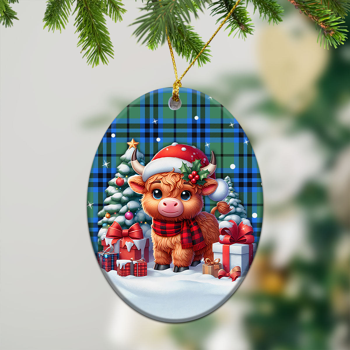 Falconer Tartan Christmas Ceramic Ornament - Highland Cow Winter Style