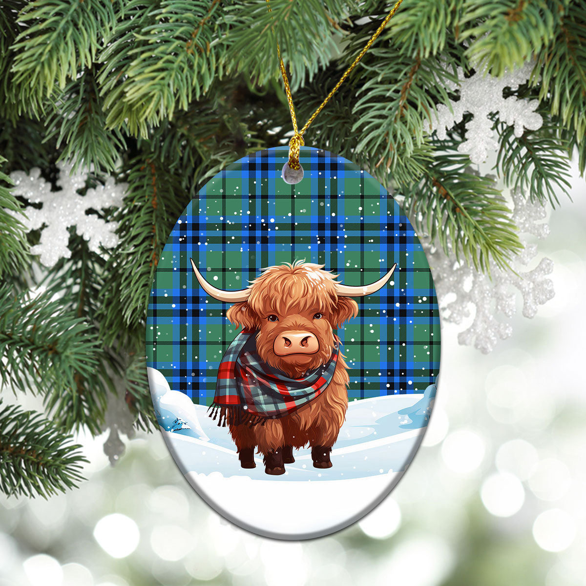 Falconer Tartan Christmas Ceramic Ornament - Highland Cows Snow Style