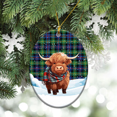 Farquharson Ancient Tartan Christmas Ceramic Ornament - Highland Cows Snow Style