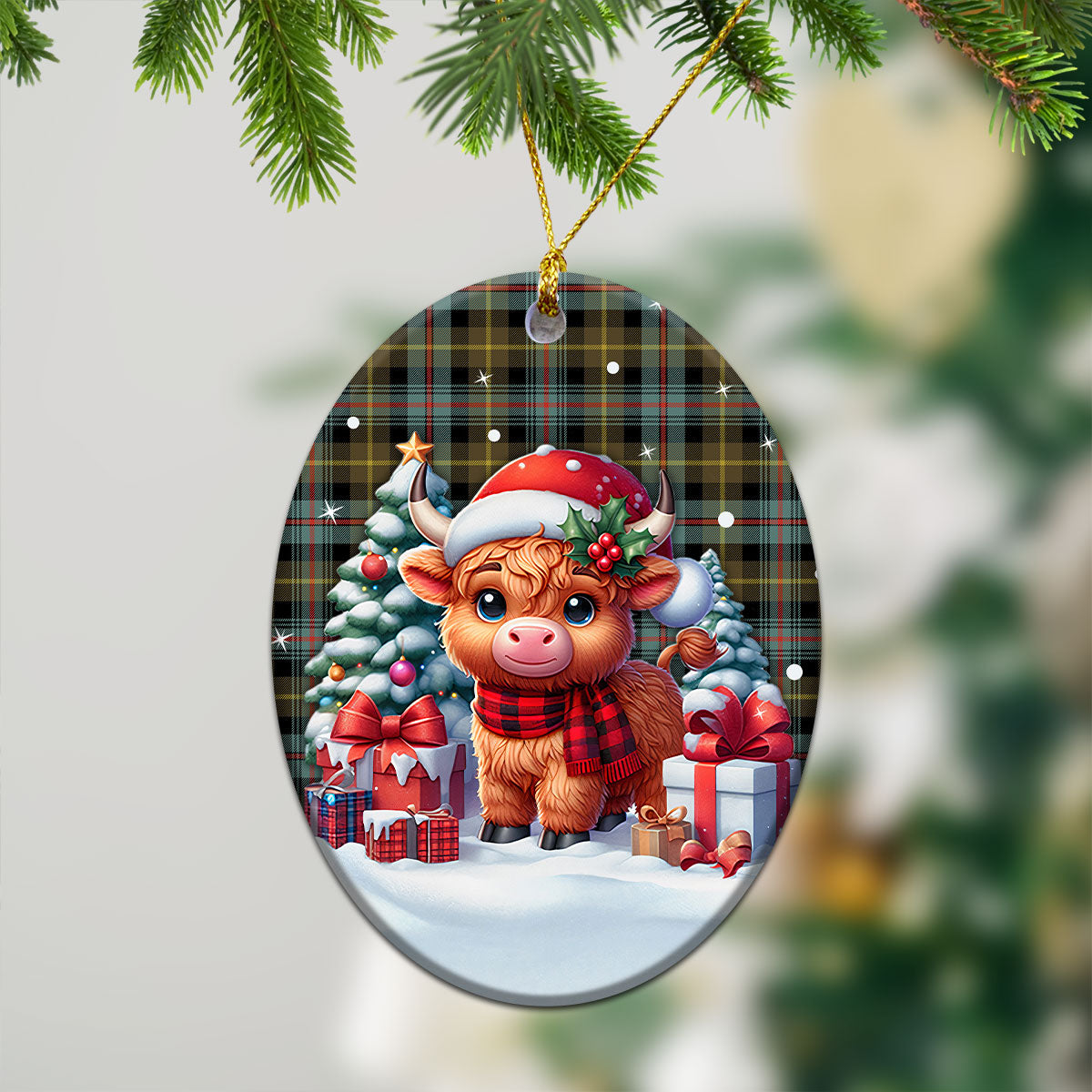 Farquharson Weathered Tartan Christmas Ceramic Ornament - Highland Cow Winter Style