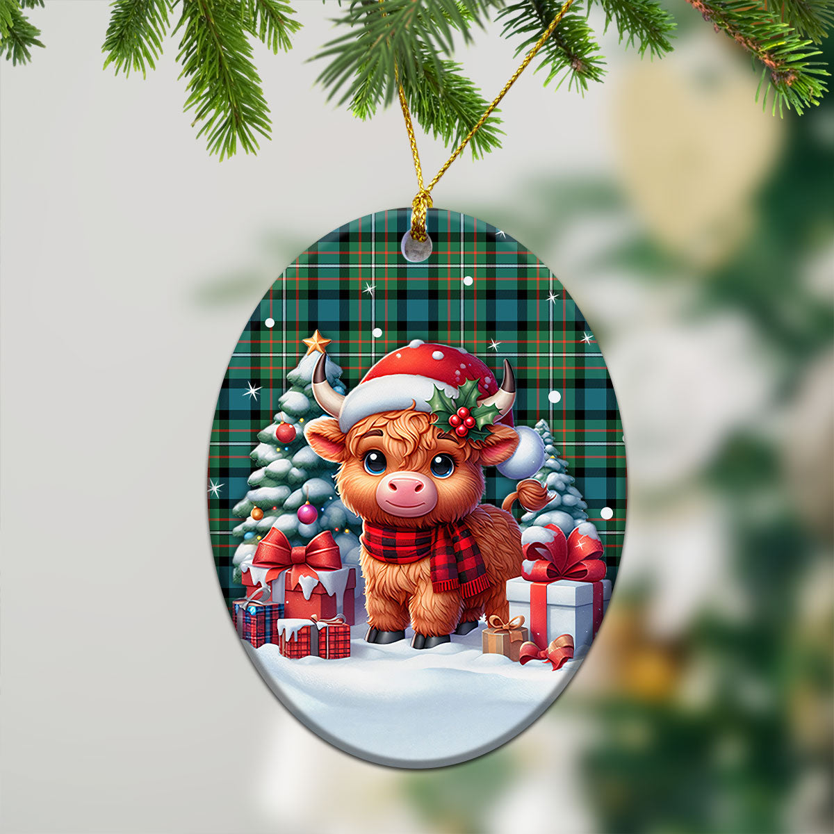 Ferguson Ancient Tartan Christmas Ceramic Ornament - Highland Cow Winter Style