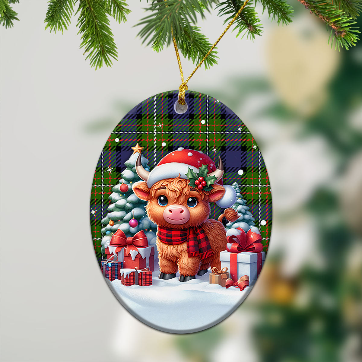 Fergusson Modern Tartan Christmas Ceramic Ornament - Highland Cow Winter Style