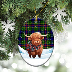 Forsyth Modern Tartan Christmas Ceramic Ornament - Highland Cows Snow Style