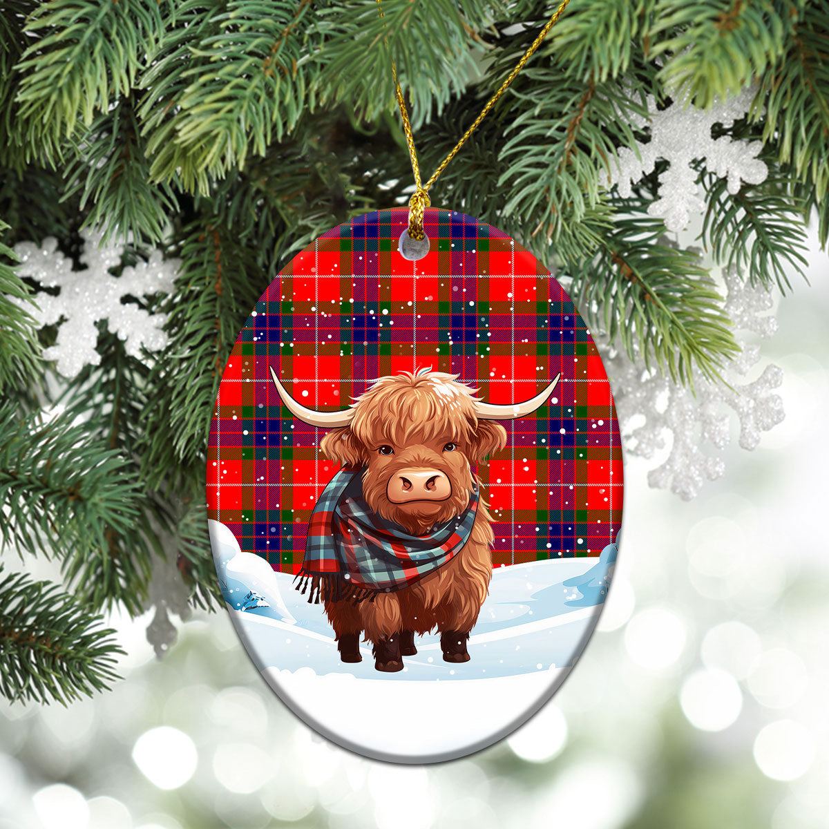 Fraser (of Lovat) Modern Tartan Christmas Ceramic Ornament - Highland Cows Snow Style