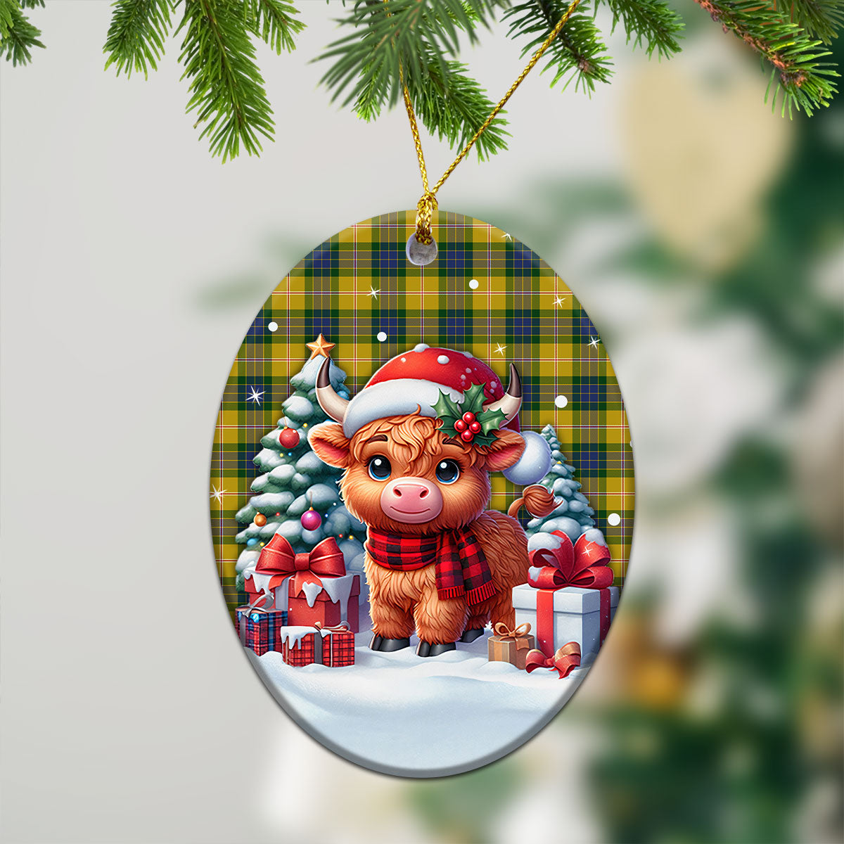 Fraser (of Lovat) Yellow Tartan Christmas Ceramic Ornament - Highland Cow Winter Style