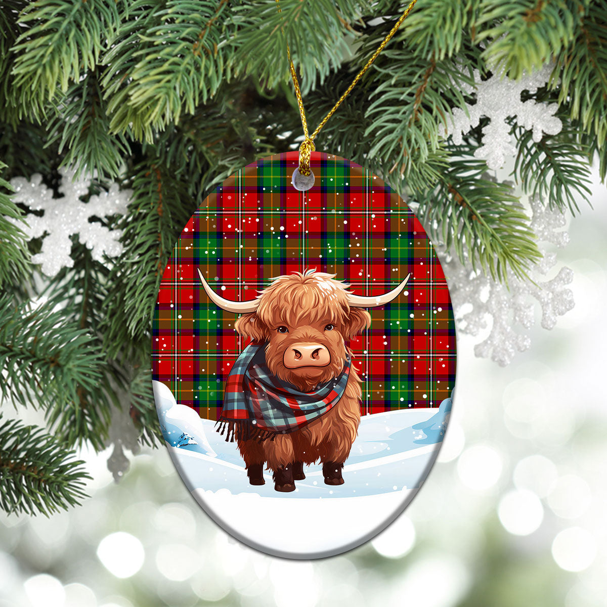 Fullerton Tartan Christmas Ceramic Ornament - Highland Cows Snow Style