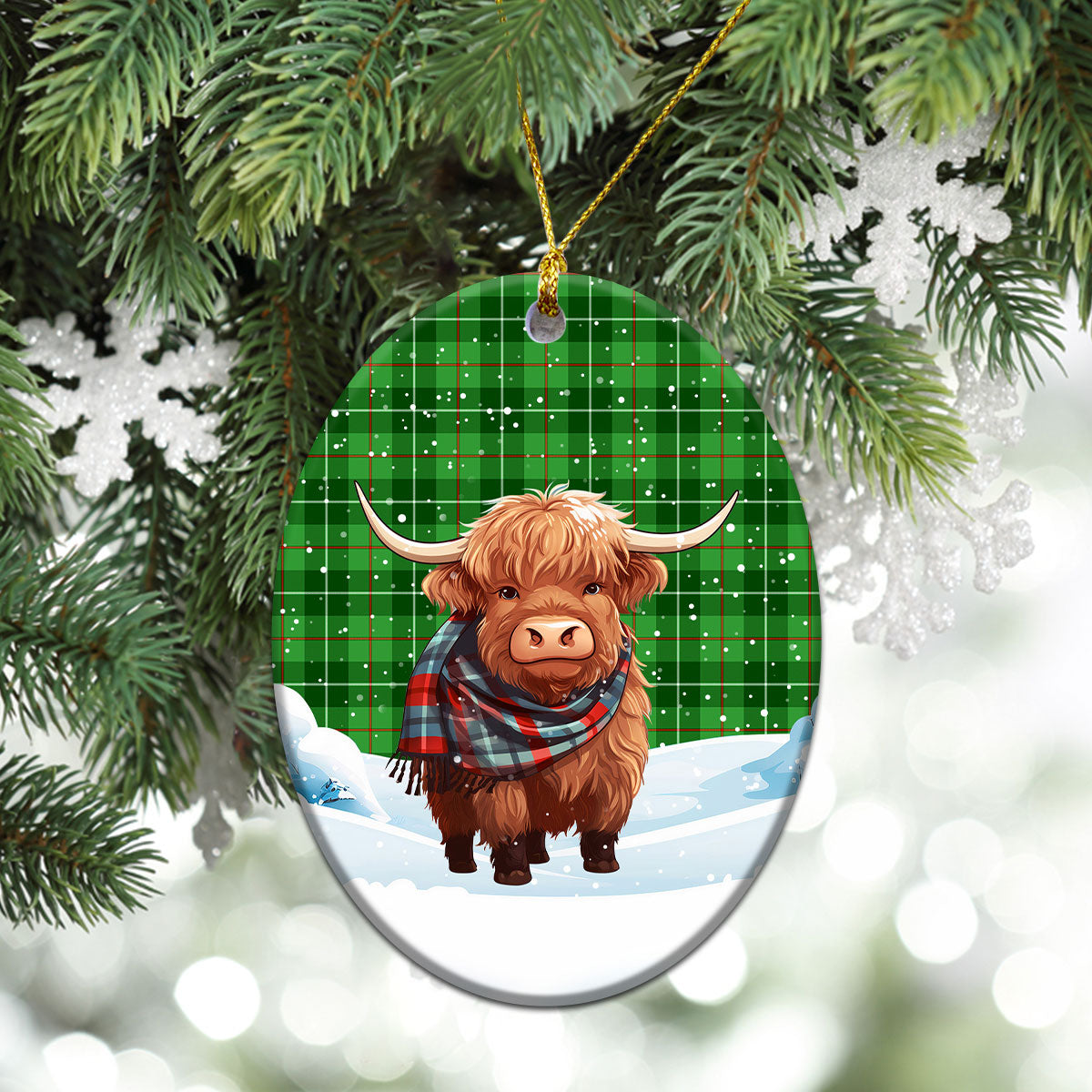 Galloway District Tartan Christmas Ceramic Ornament - Highland Cows Snow Style