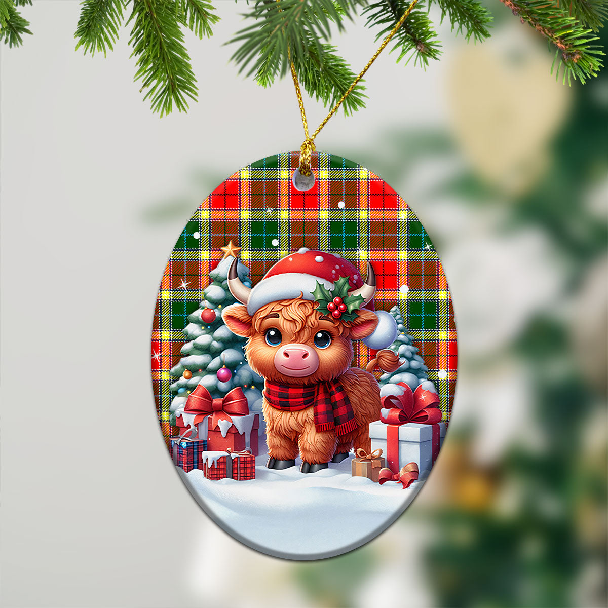 Gibson Tartan Christmas Ceramic Ornament - Highland Cow Winter Style