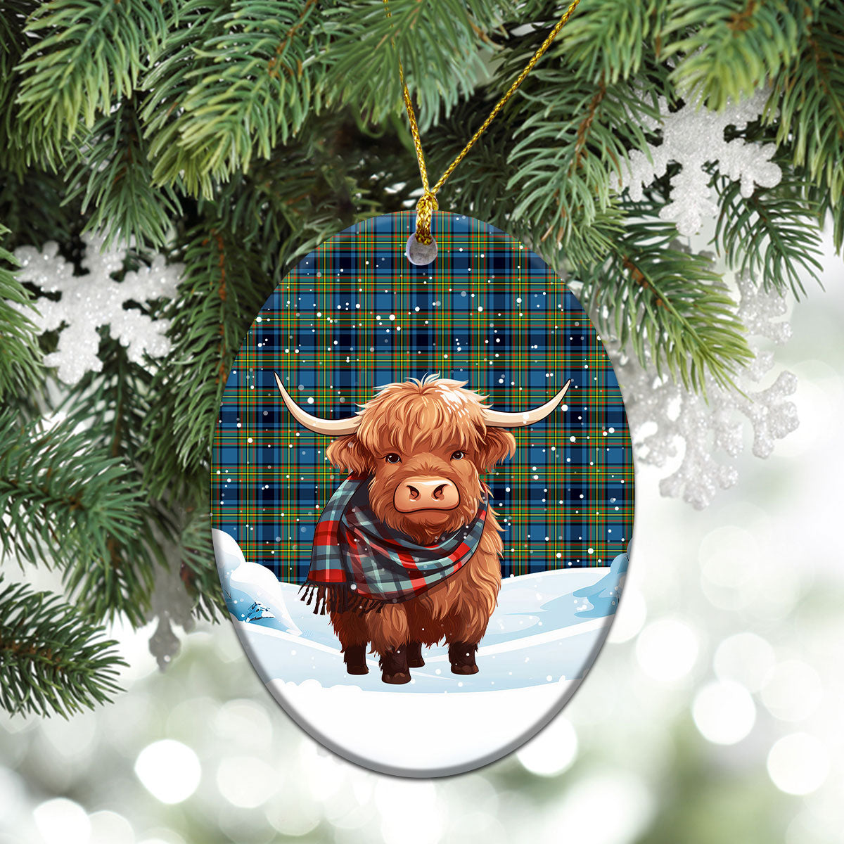 Gillies Ancient Tartan Christmas Ceramic Ornament - Highland Cows Snow Style