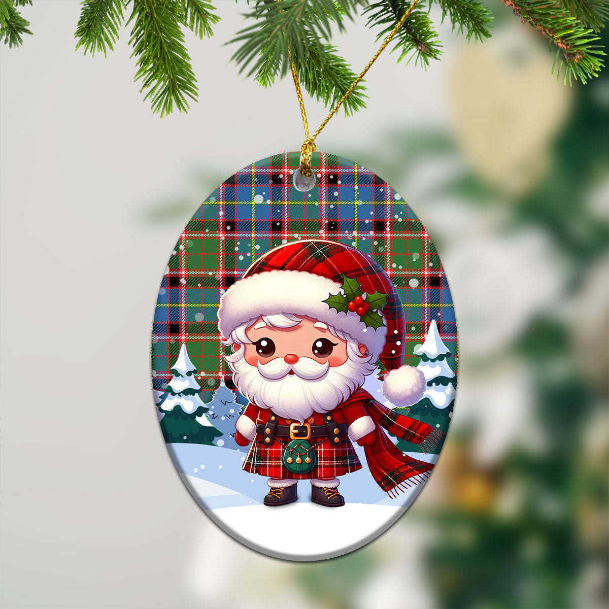 Glass Tartan Christmas Ceramic Ornament - Santa Claus In Kilt Style