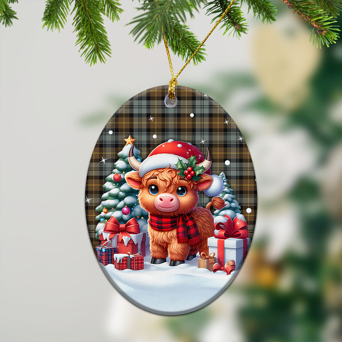 Gordon Weathered Tartan Christmas Ceramic Ornament - Highland Cow Winter Style