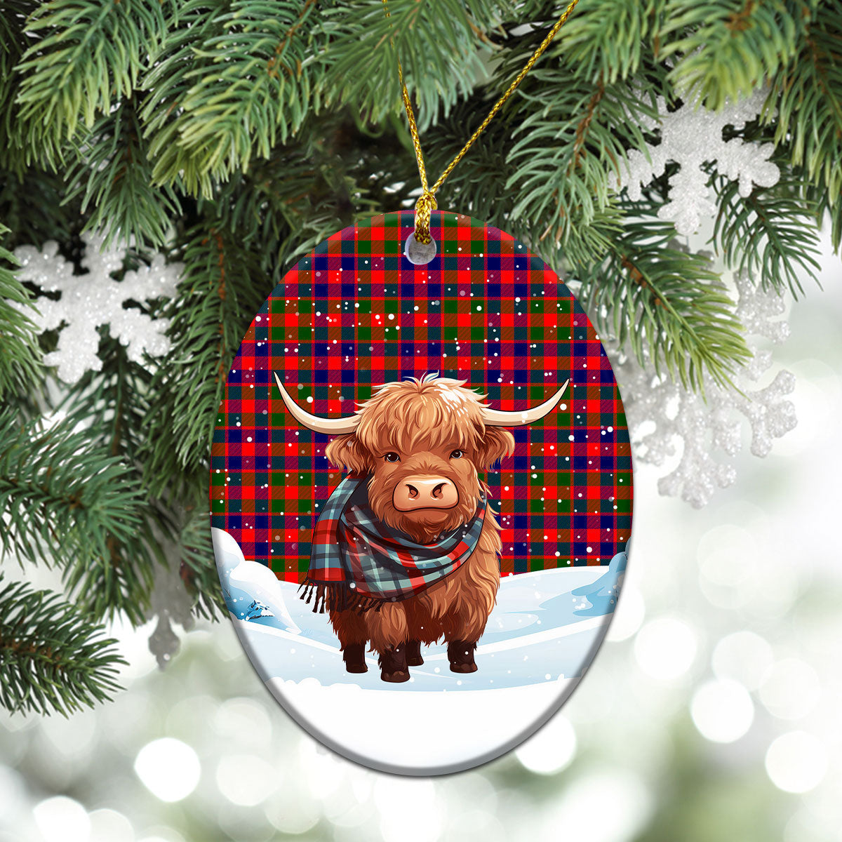 Gow (of Skeoch) Tartan Christmas Ceramic Ornament - Highland Cows Snow Style