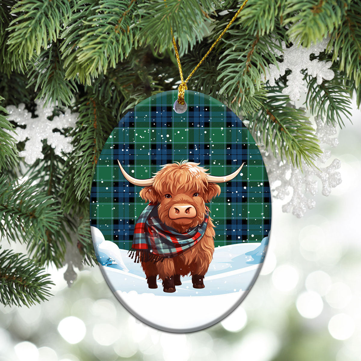 Graham of Menteith Ancient Tartan Christmas Ceramic Ornament - Highland Cows Snow Style